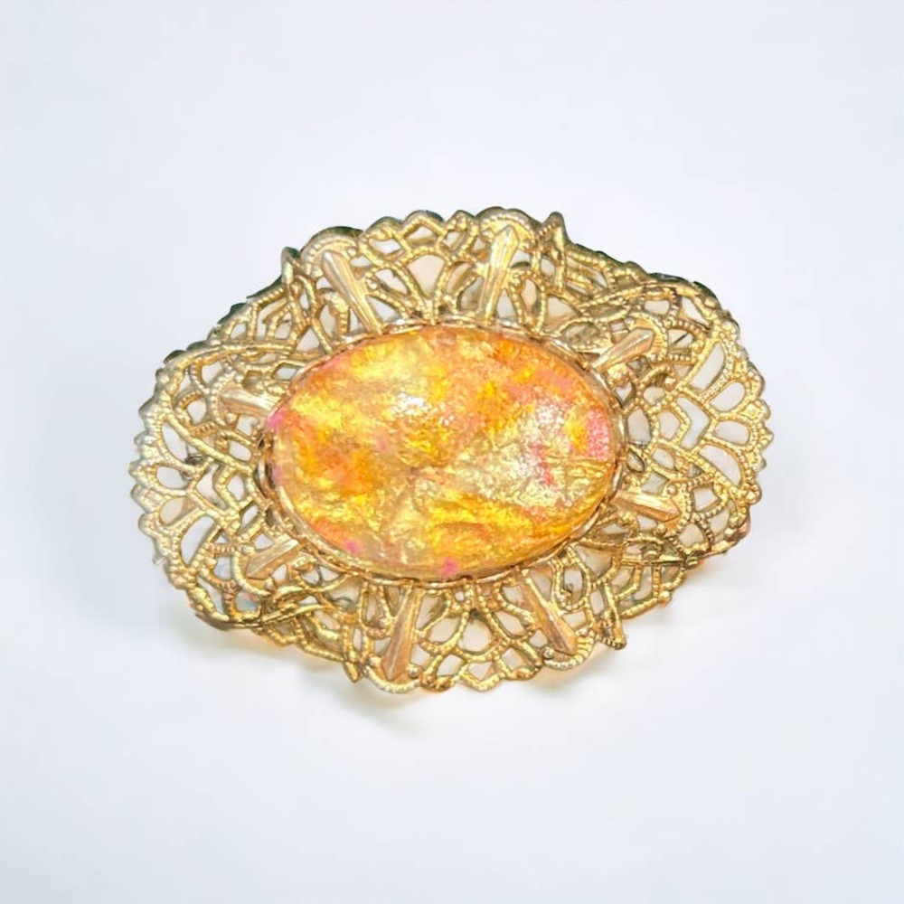 Vintage 50s Foil Easter Egg Glass Filigree Gratins Breath Brooch